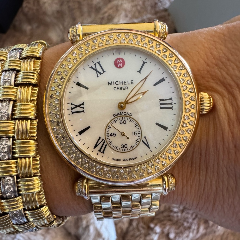 Michele Caber Gold Tone Diamond Bezel MOP Dial 37mm Quartz Womens Watch - Picture 4 of 11